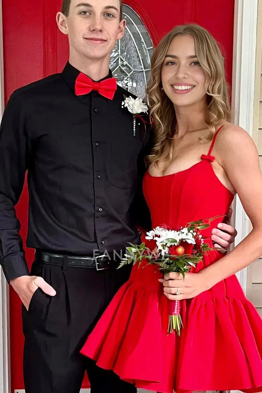 FannyWe Simple Red Corset Bodice Lace-Up A-Line Cocktail Dress with Ruffles formal wear dresses